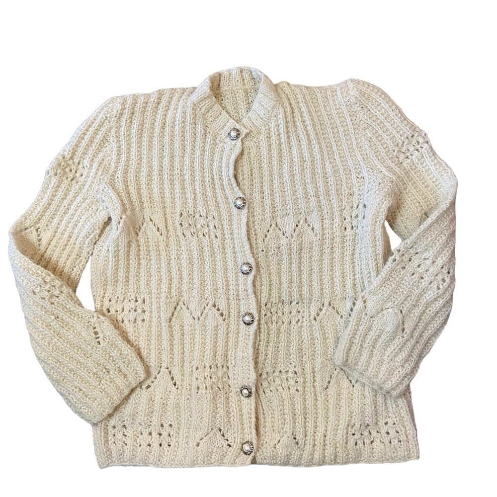 Vintage Cream Knit High Neck Cardigan With Puffy Sleeves